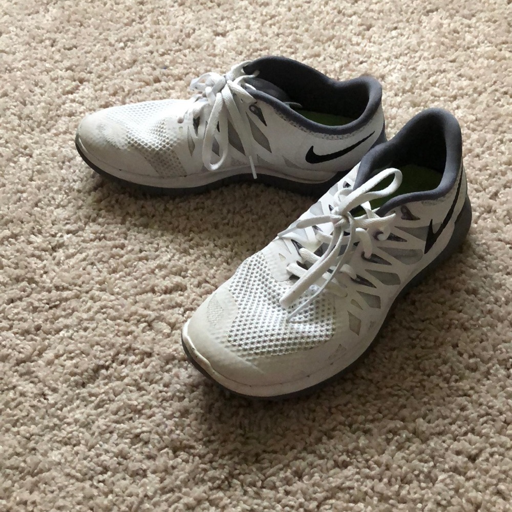 White and gray Nike Free 5.0 sneakers